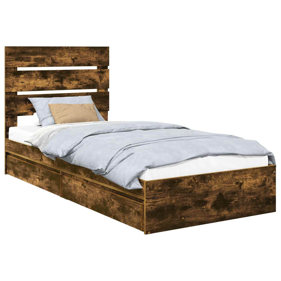 Opslag bed met lade Gerookt eiken 90 x 200 cm Bewerkt hout