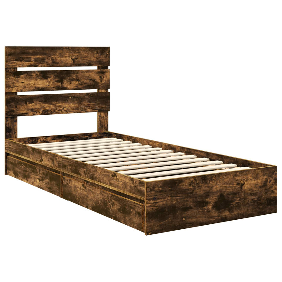 Opslag bed met lade Gerookt eiken 90 x 200 cm Bewerkt hout