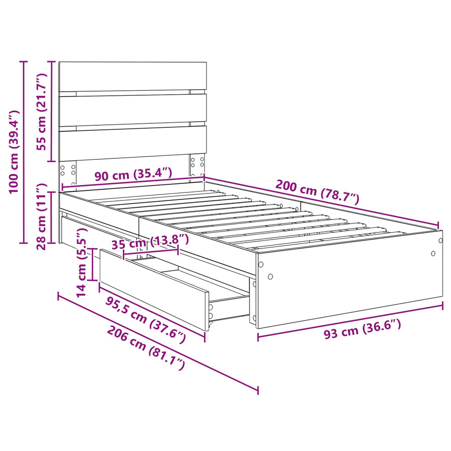 Opslag bed met hoofdeinde Grijs Sonoma 90 x 200 cm Bewerkt hout