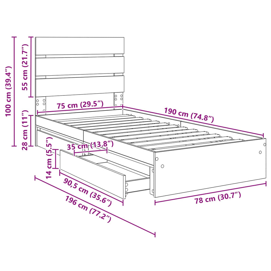 Opslag bed met hoofdeinde Grijs Sonoma 75 x 190 cm Bewerkt hout