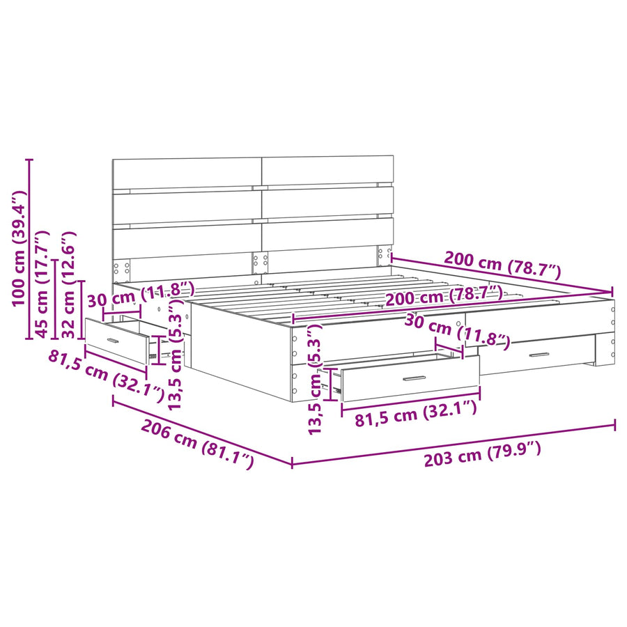 Bedframe met lade Beton Grijs 200 x 200 cm Bewerkt hout