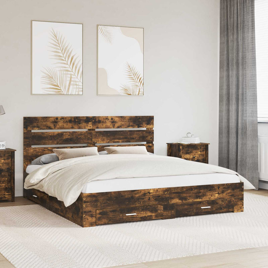 Bedframe met lade Gerookt eiken 200 x 200 cm Bewerkt hout