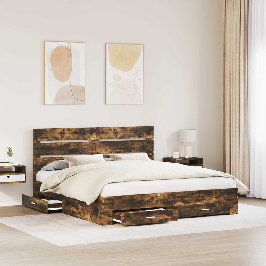 Bedframe met lade Gerookt eiken 200 x 200 cm Bewerkt hout