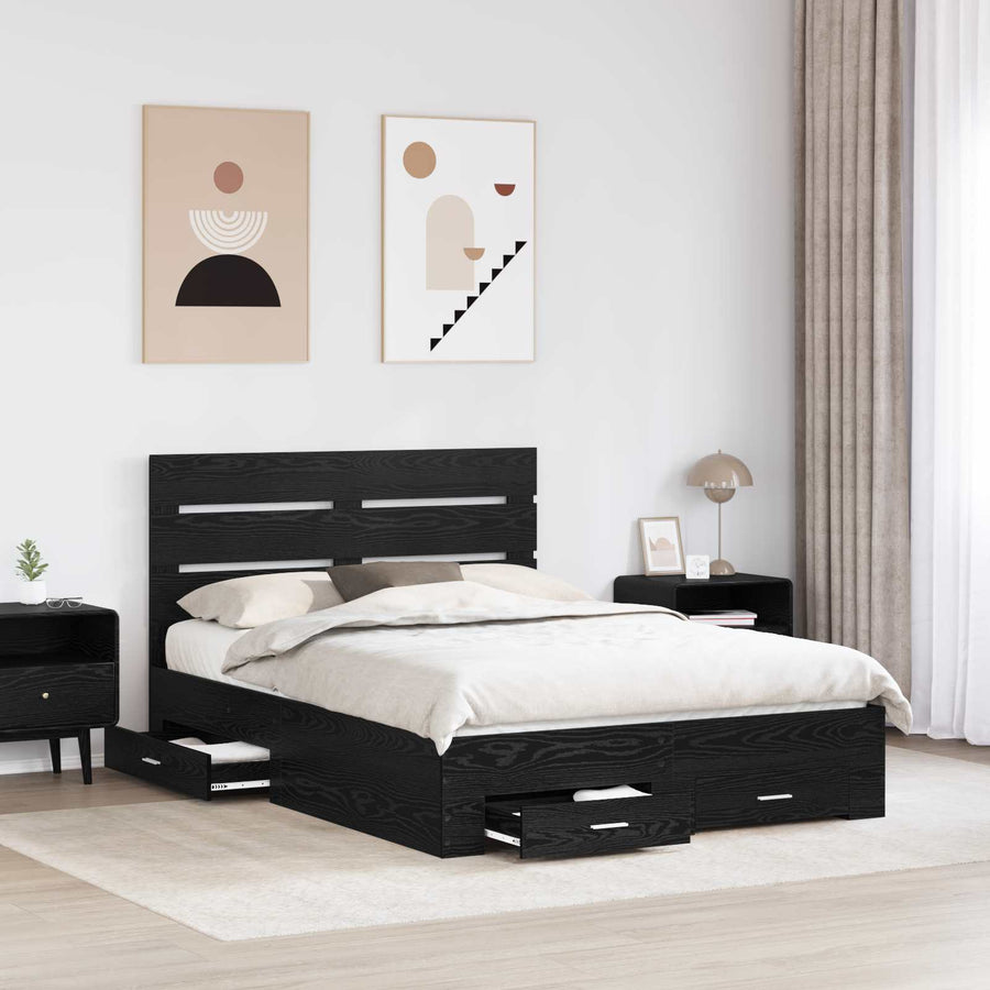 Bedframe met lade Zwart Eiken 160 x 200 cm Bewerkt hout