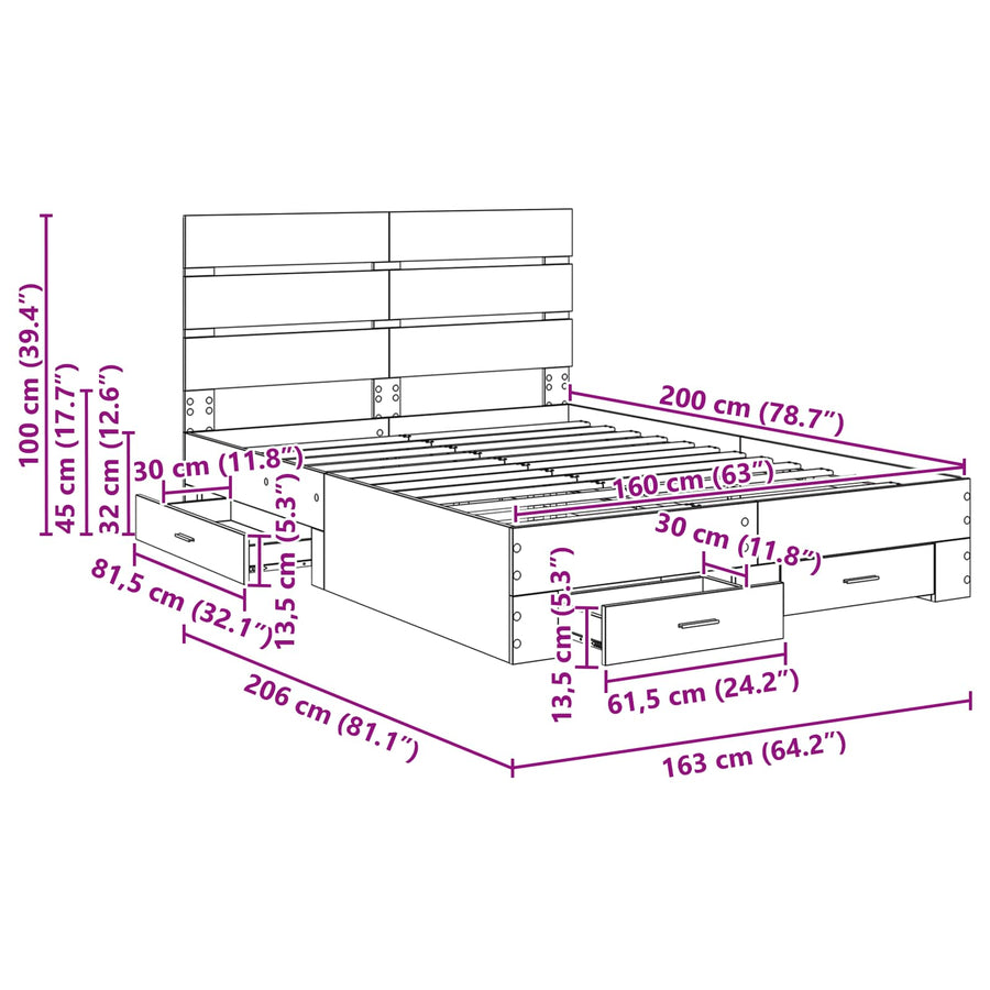 Bedframe met lade Zwart Eiken 160 x 200 cm Bewerkt hout