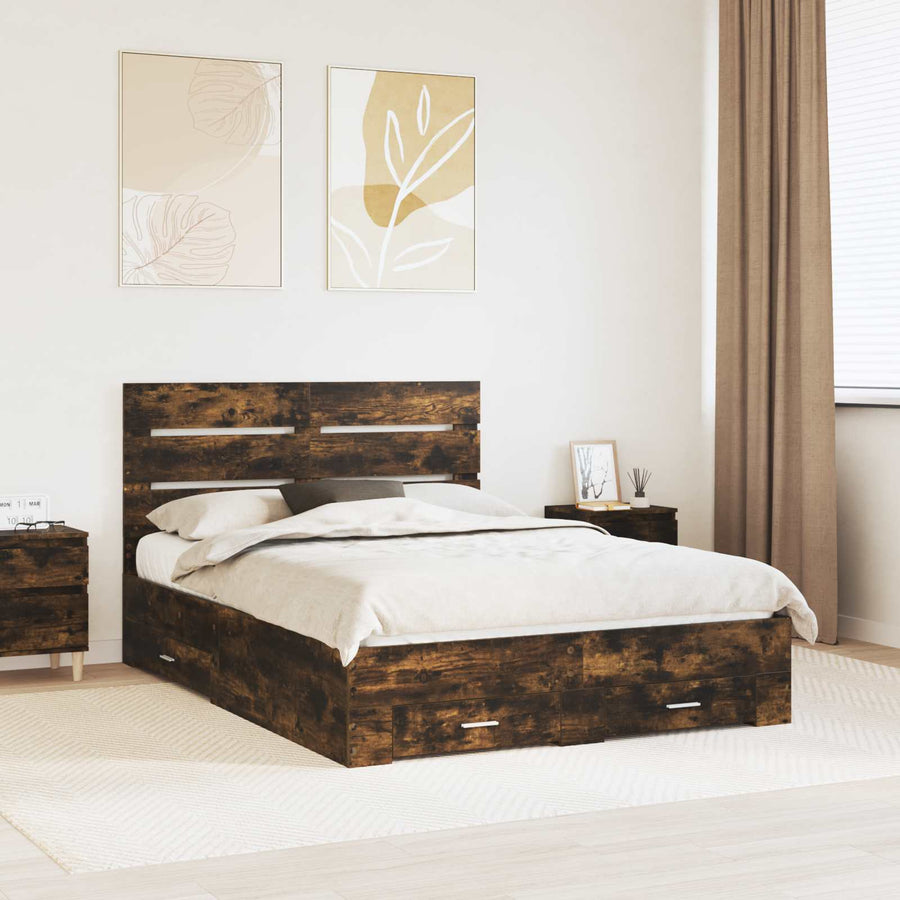 Bedframe met lade Gerookt eiken 140 x 190 cm Bewerkt hout
