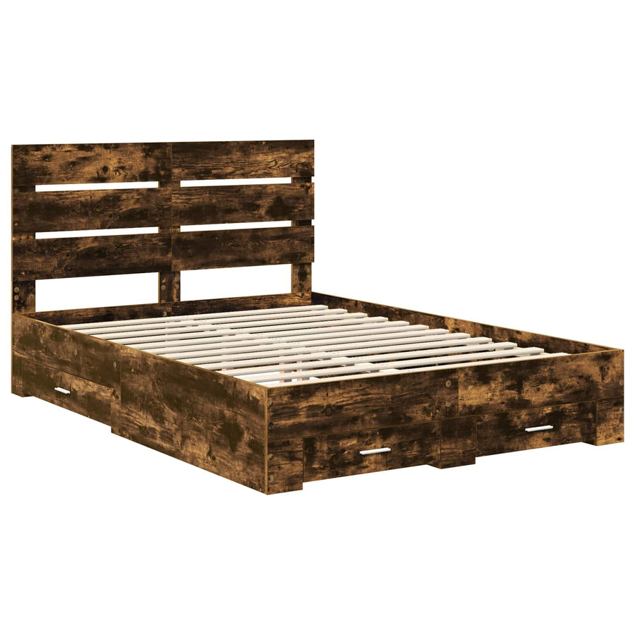 Bedframe met lade Gerookt eiken 140 x 190 cm Bewerkt hout