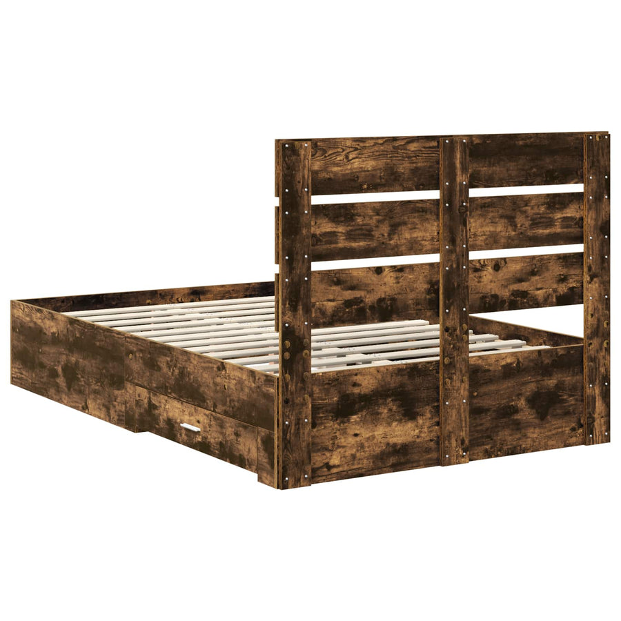 Bedframe met lade Gerookt eiken 135 x 190 cm Bewerkt hout