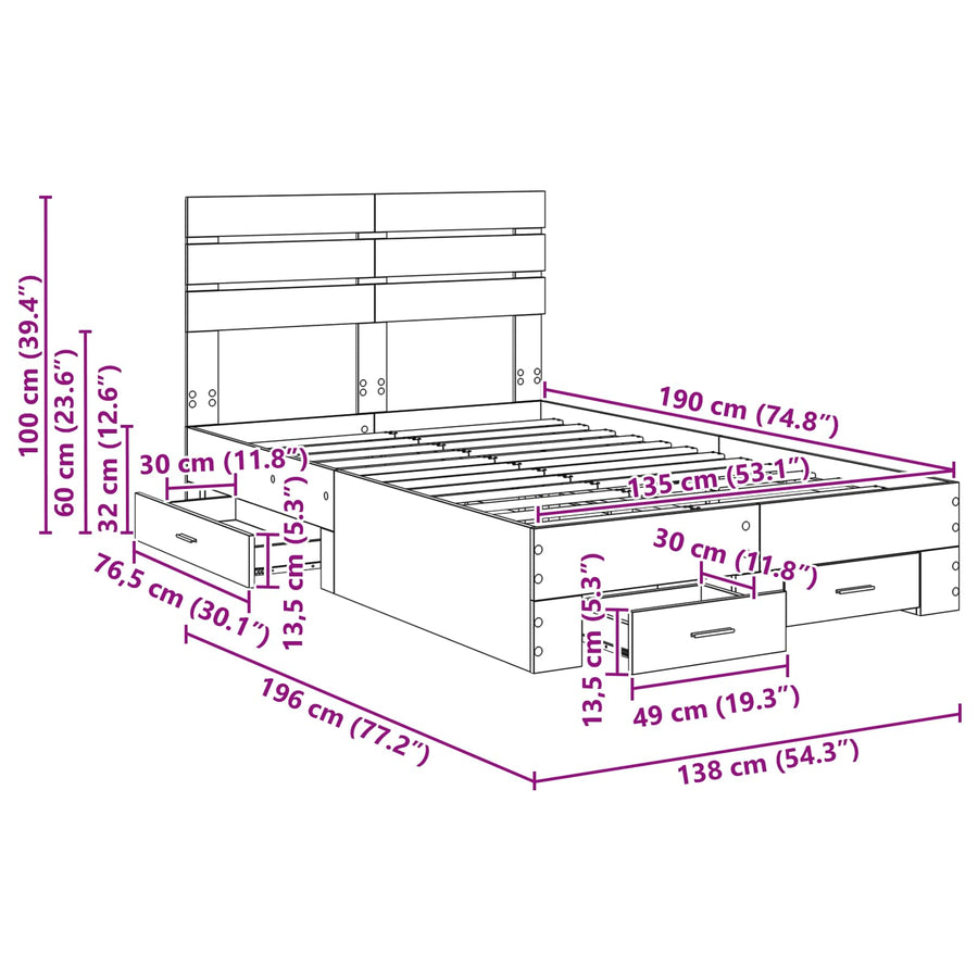 Bedframe met lade Gerookt eiken 135 x 190 cm Bewerkt hout