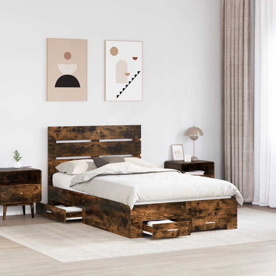 Bedframe met lade Gerookt eiken 120 x 200 cm Bewerkt hout