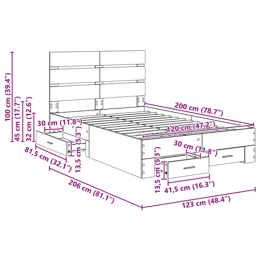 Bedframe met lade Grijs Sonoma 120 x 200 cm Bewerkt hout