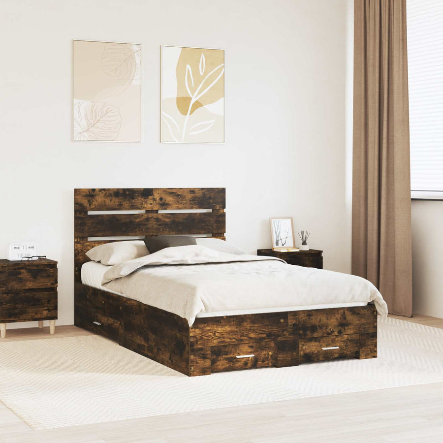 Bedframe met lade Gerookt eiken 120 x 190 cm Bewerkt hout