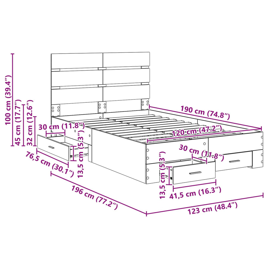Bedframe met lade Gerookt eiken 120 x 190 cm Bewerkt hout