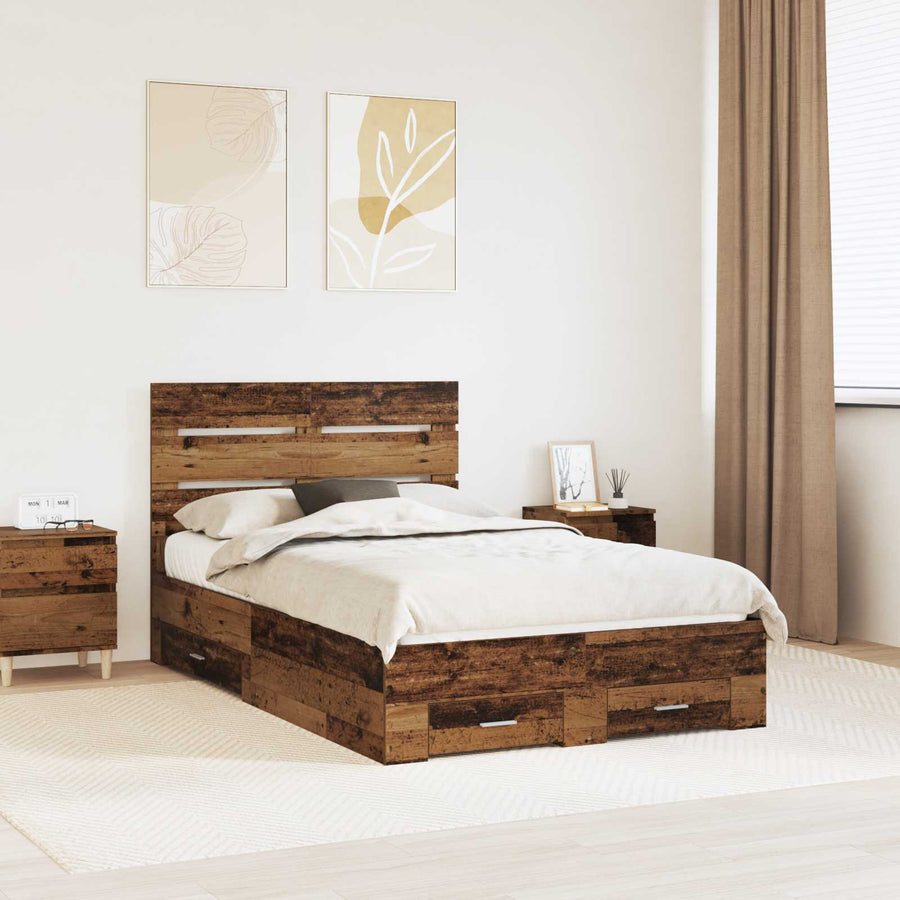 Bedframe met lade met opslag Oudhout 120 x 190 cm Bewerkt hout