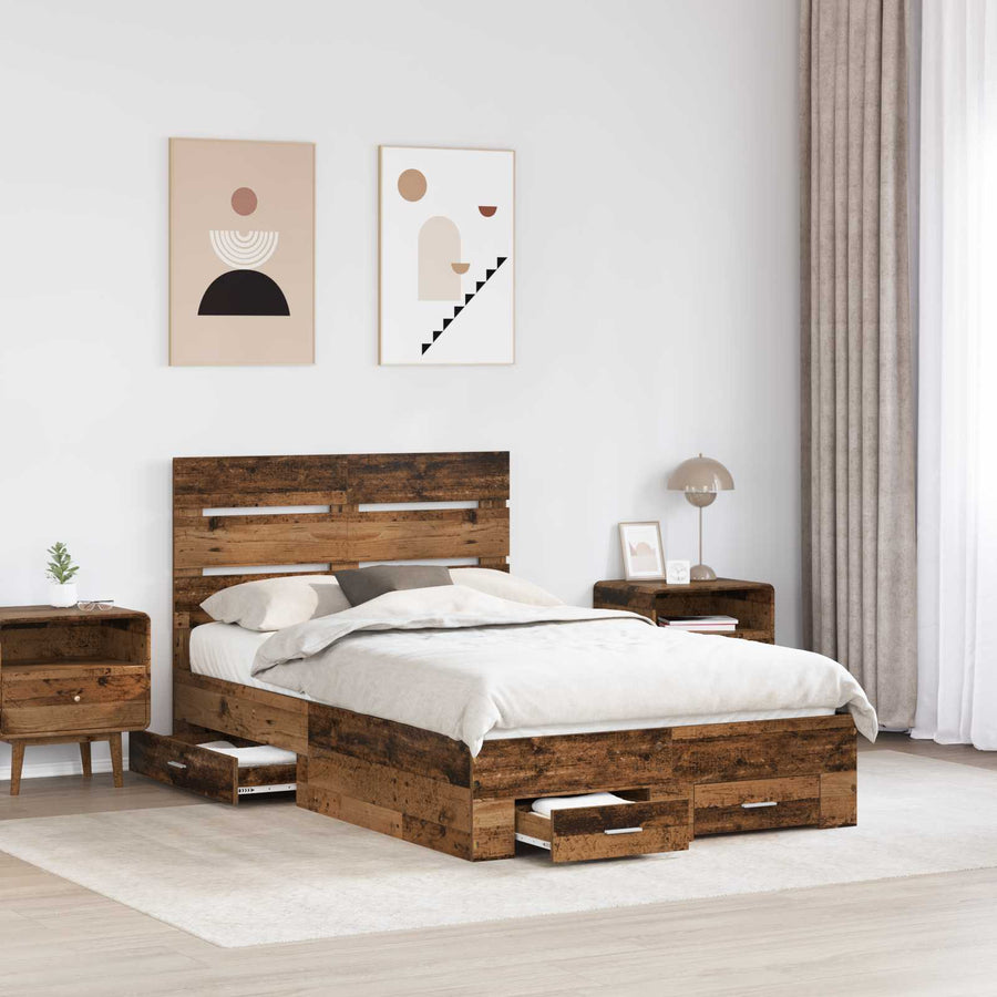 Bedframe met lade met opslag Oudhout 120 x 190 cm Bewerkt hout