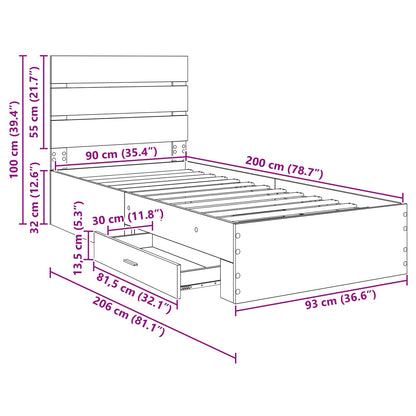 Bedframe met lade Grijs Sonoma 90 x 200 cm Bewerkt hout