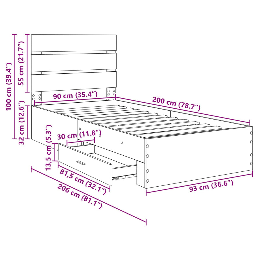 Bedframe met lade Grijs Sonoma 90 x 200 cm Bewerkt hout