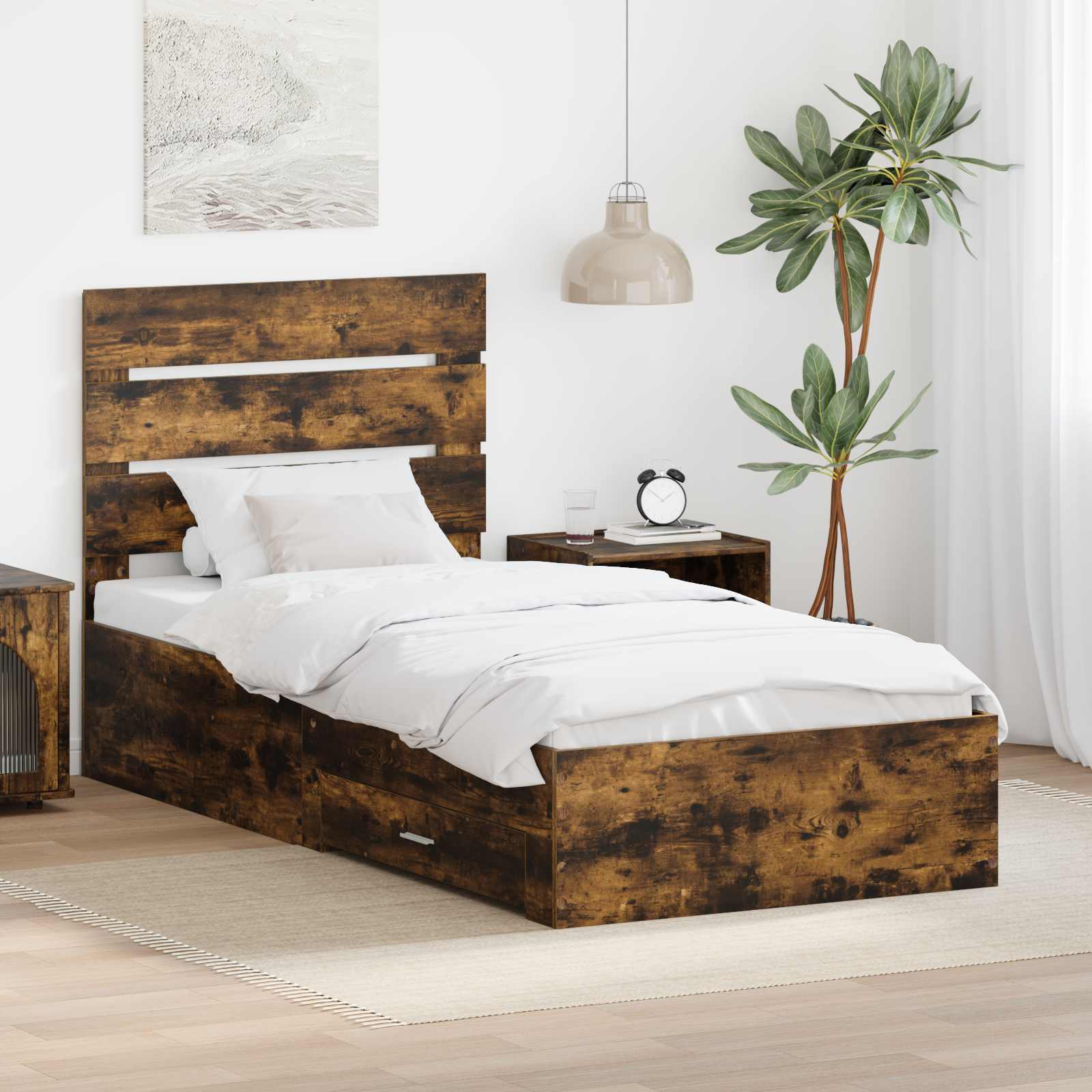 Bedframe met lade Gerookt eiken 90 x 190 cm Bewerkt hout