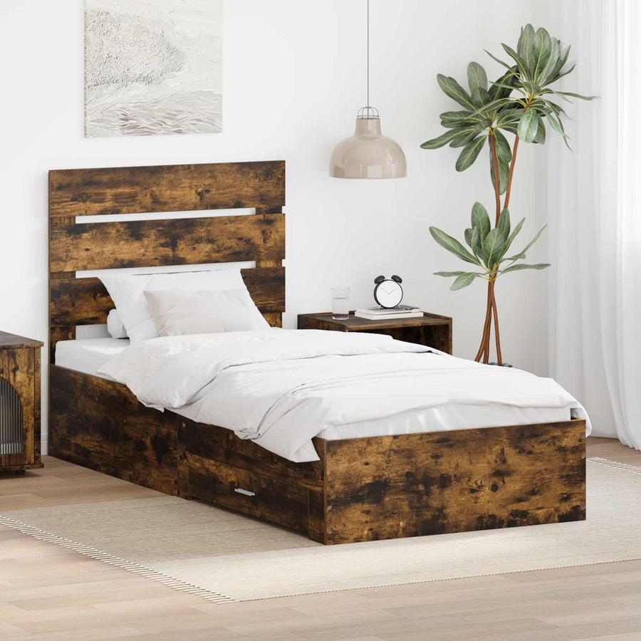 Bedframe met lade Gerookt eiken 90 x 190 cm Bewerkt hout