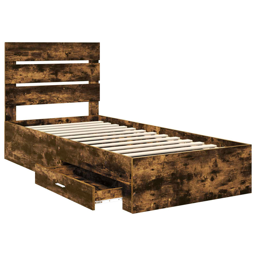 Bedframe met lade Gerookt eiken 90 x 190 cm Bewerkt hout