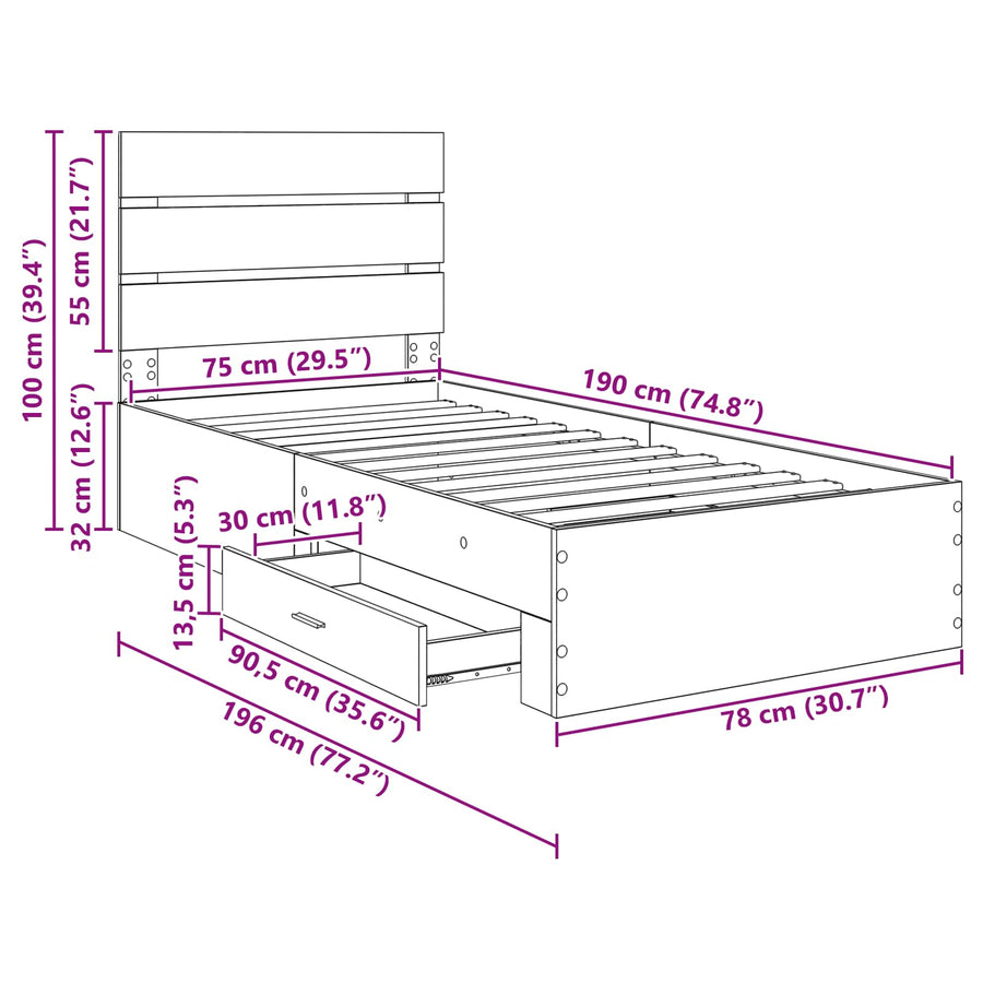 Bedframe Sonoma Eiken en Zilver 75 x 190 cm Bewerkt hout