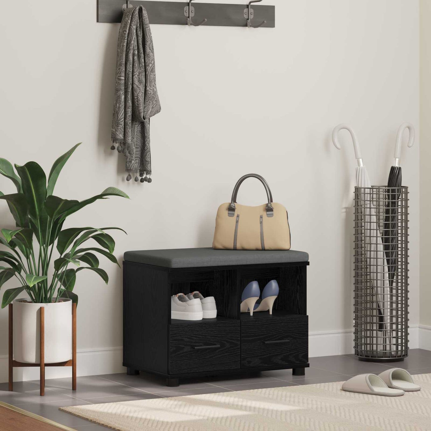 Halbank met kussen met lade Zwart Eiken 60 x 38 x 46 cm