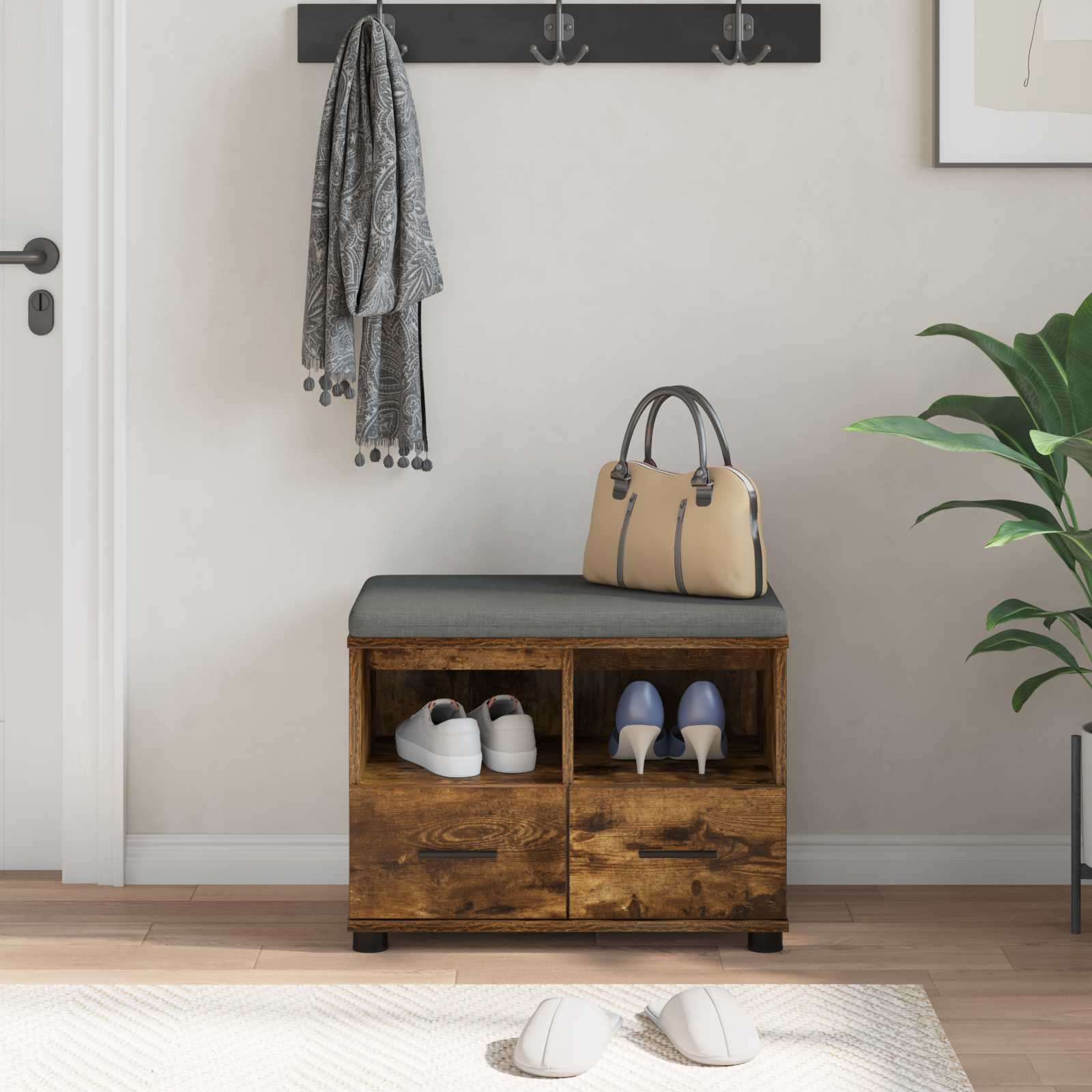 Halbank met kussen met lade Gerookt eiken 60 x 38 x 46 cm