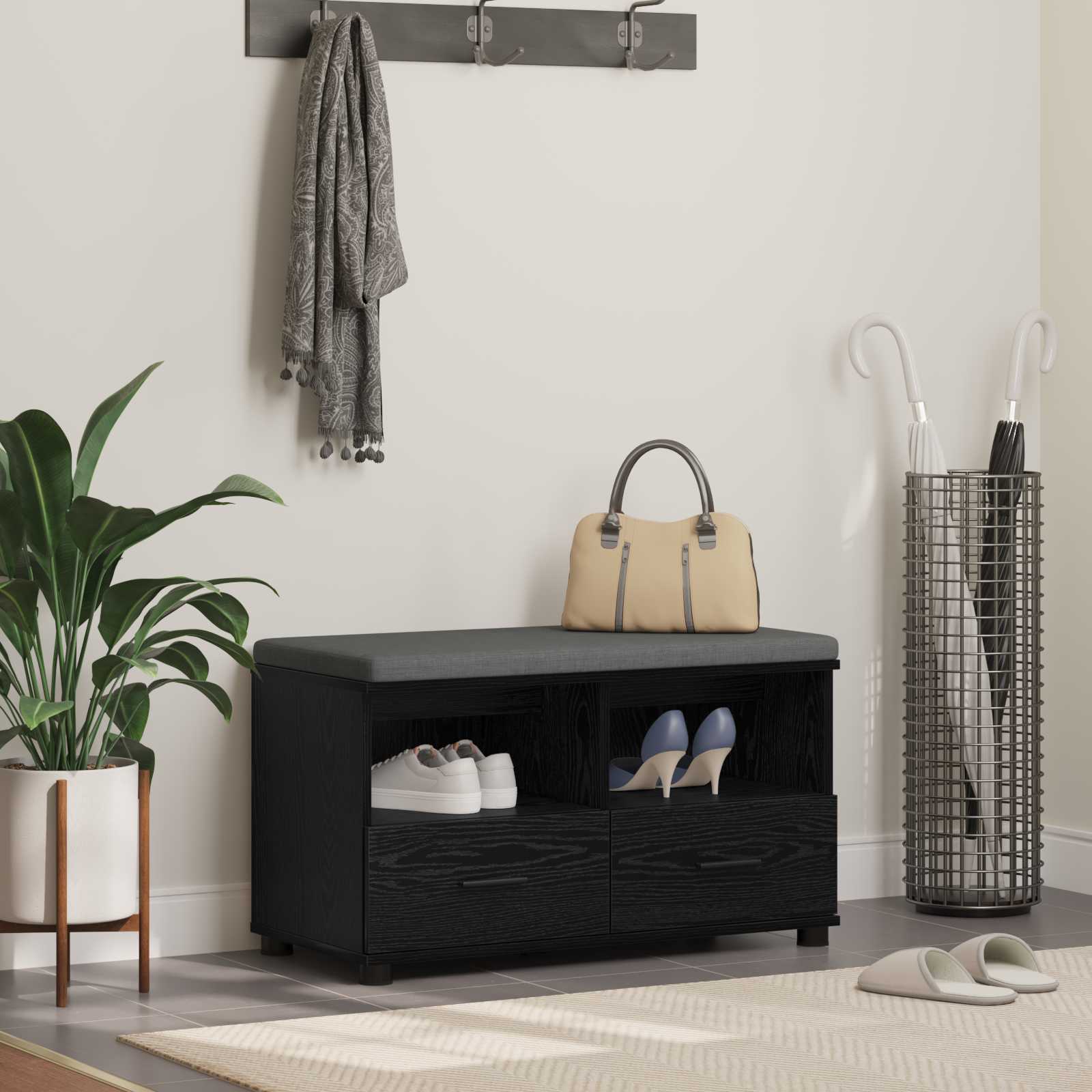 Halbank met kussen met lade Zwart Eiken 80 x 38 x 46 cm