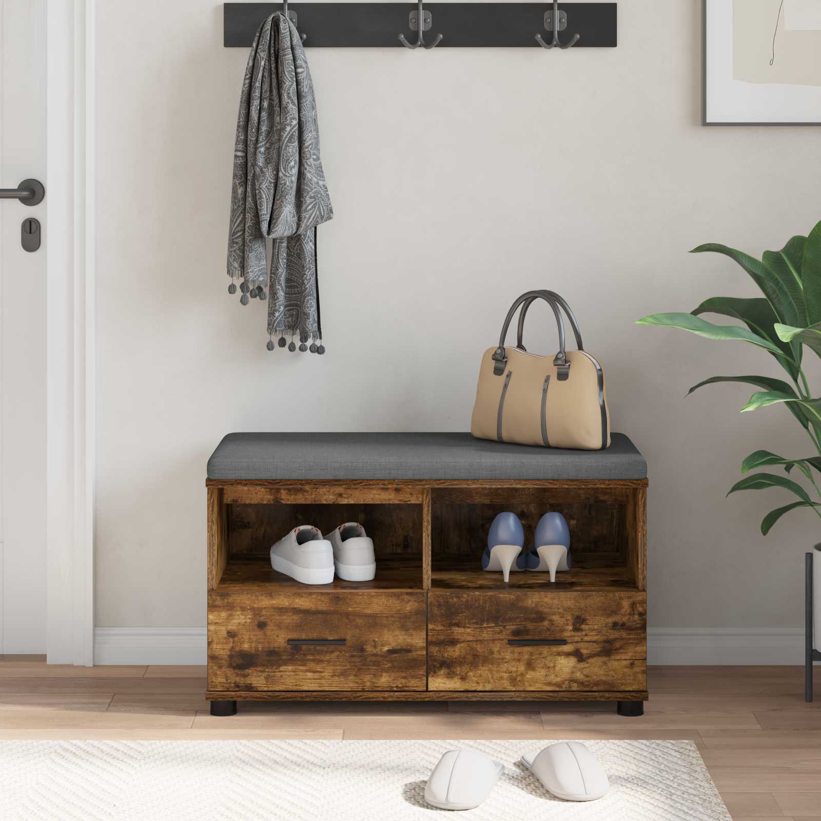 Halbank met kussen met lade Gerookt eiken 80 x 38 x 46 cm