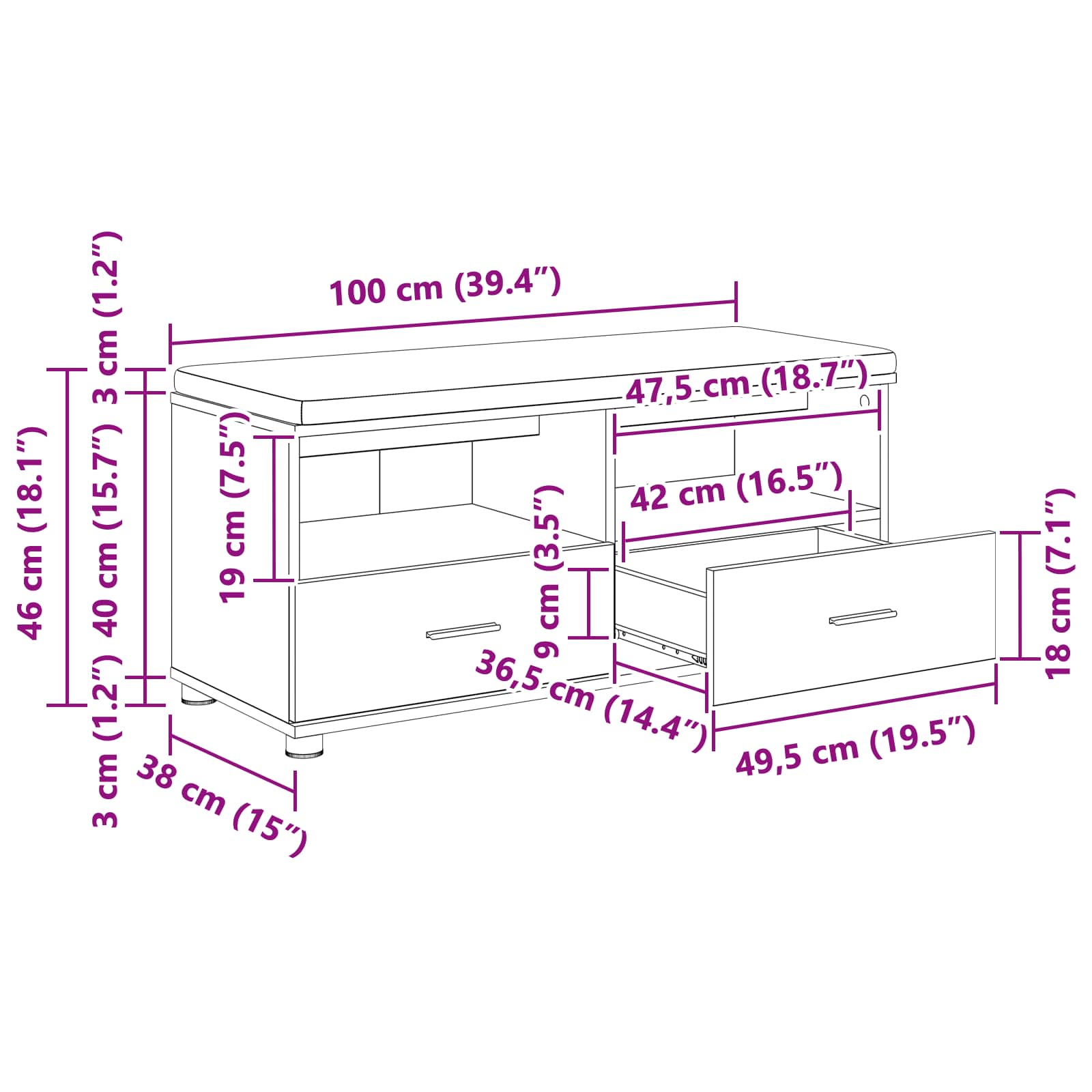 Halbank met kussen met lade Beton Grijs 100 x 38 x 46 cm