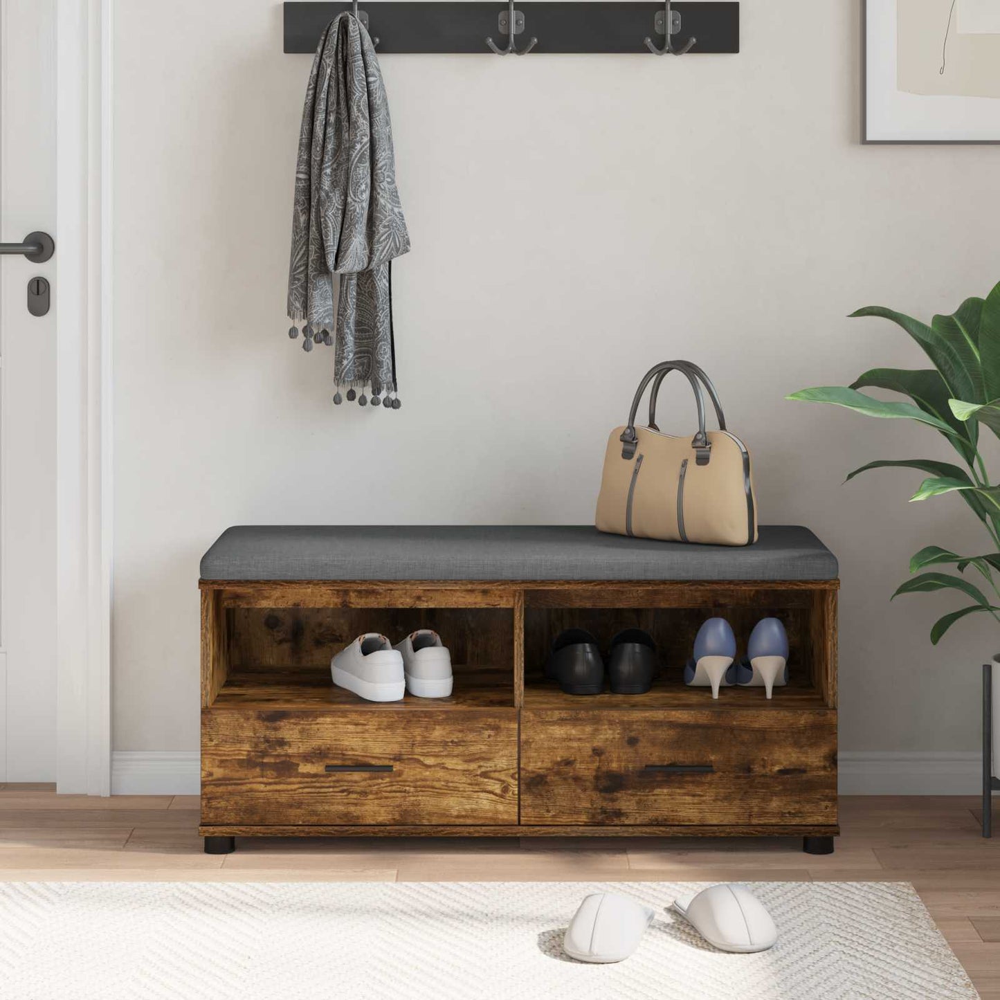 Halbank met kussen met lade Gerookt eiken 100 x 38 x 46 cm