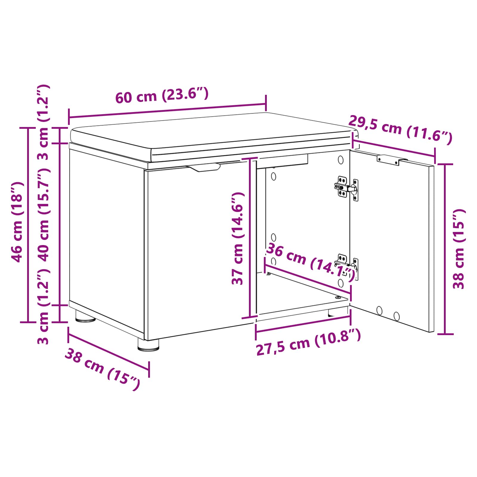Halbank met kussen met plank Sonoma Eiken 60 x 38 x 46 cm
