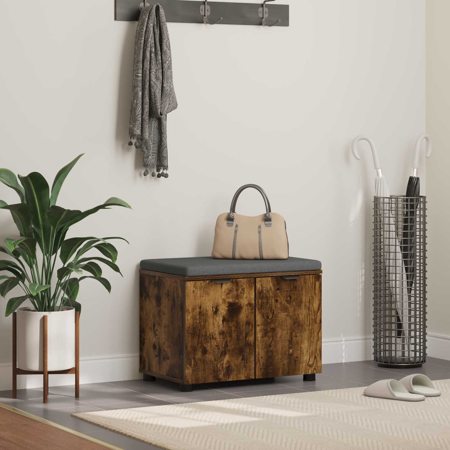 Halbank met kussen met opslag Gerookt eiken 60 x 38 x 46 cm