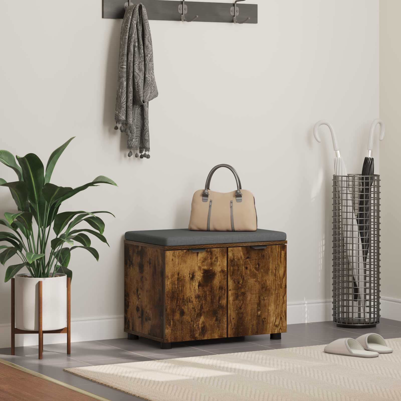 Halbank met kussen met opslag Gerookt eiken 60 x 38 x 46 cm