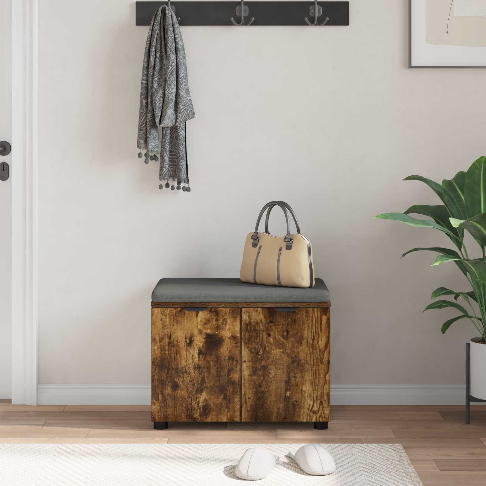 Halbank met kussen met opslag Gerookt eiken 60 x 38 x 46 cm