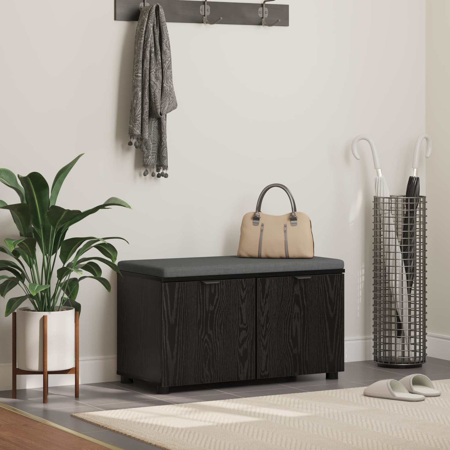 Halbank met kussen met opslag Zwart Eiken 80 x 38 x 46 cm