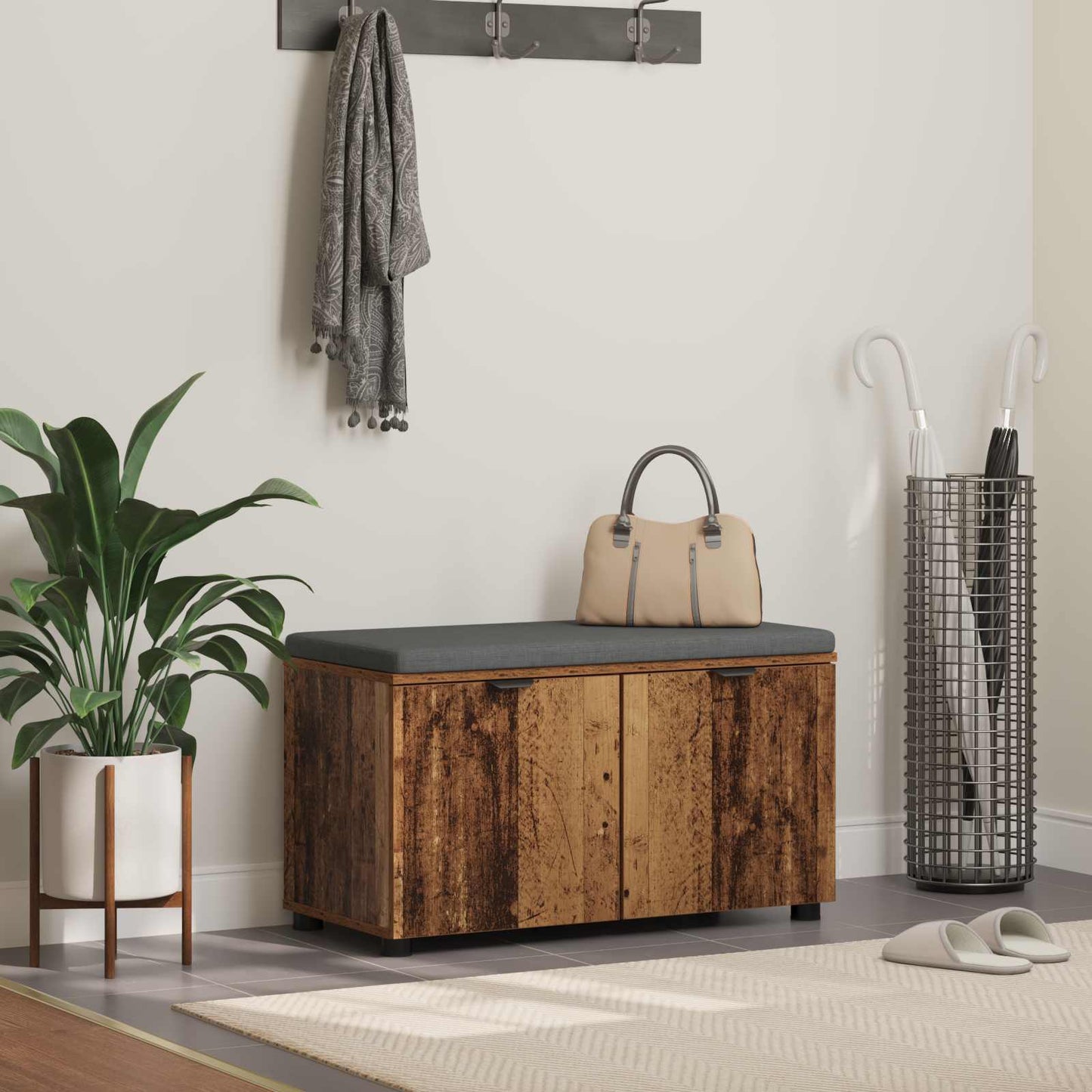 Halbank met kussen met opslag Oudhout 80 x 38 x 46 cm