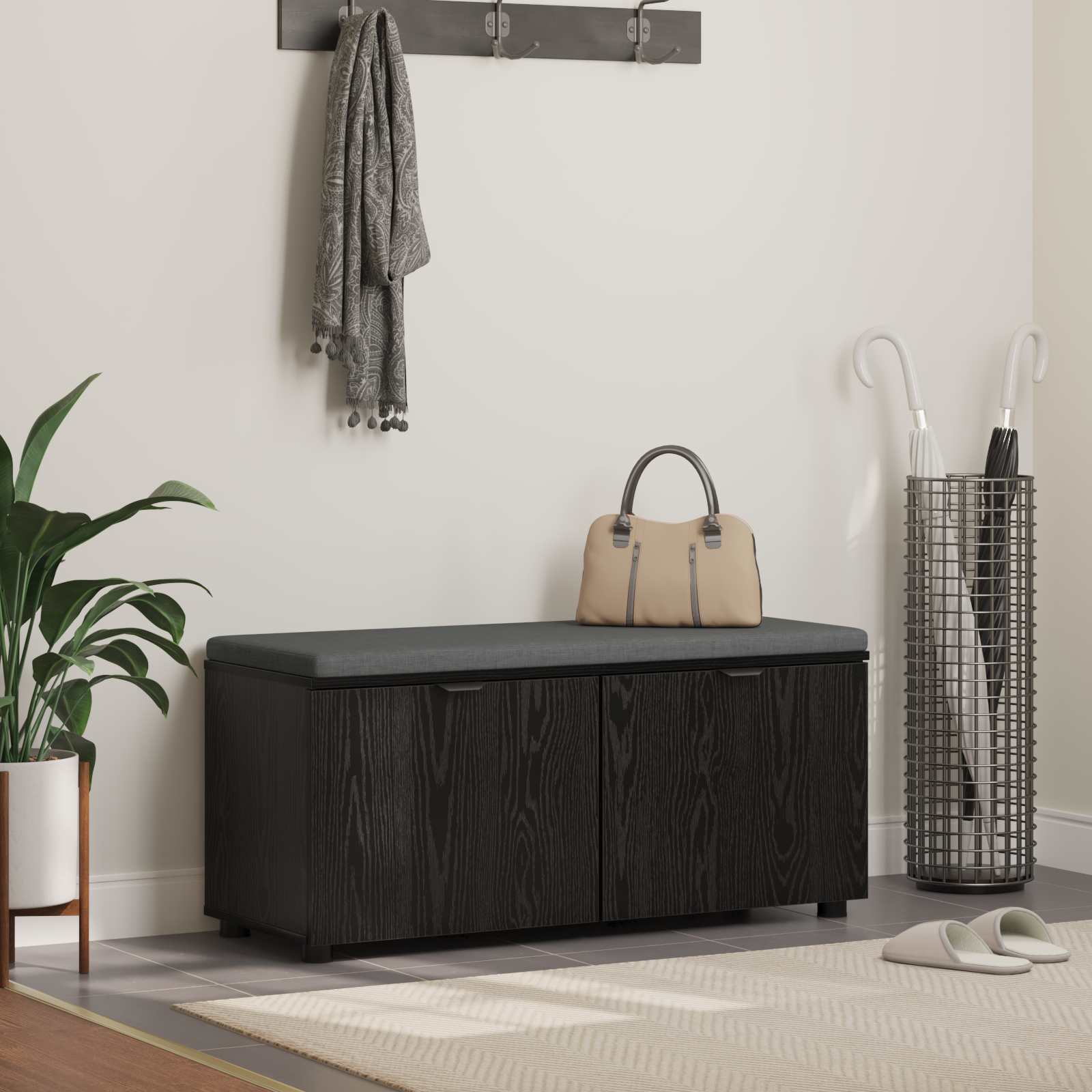 Halbank met kussen met opslag Zwart Eiken 100 x 38 x 46 cm