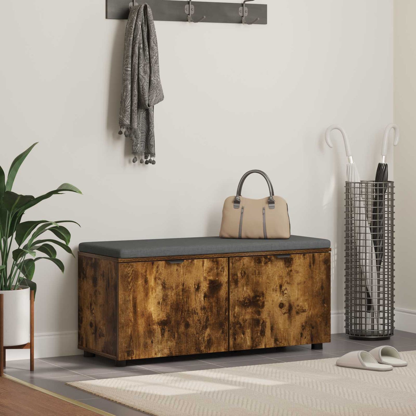 Halbank met kussen met opslag Gerookt eiken 100 x 38 x 46 cm
