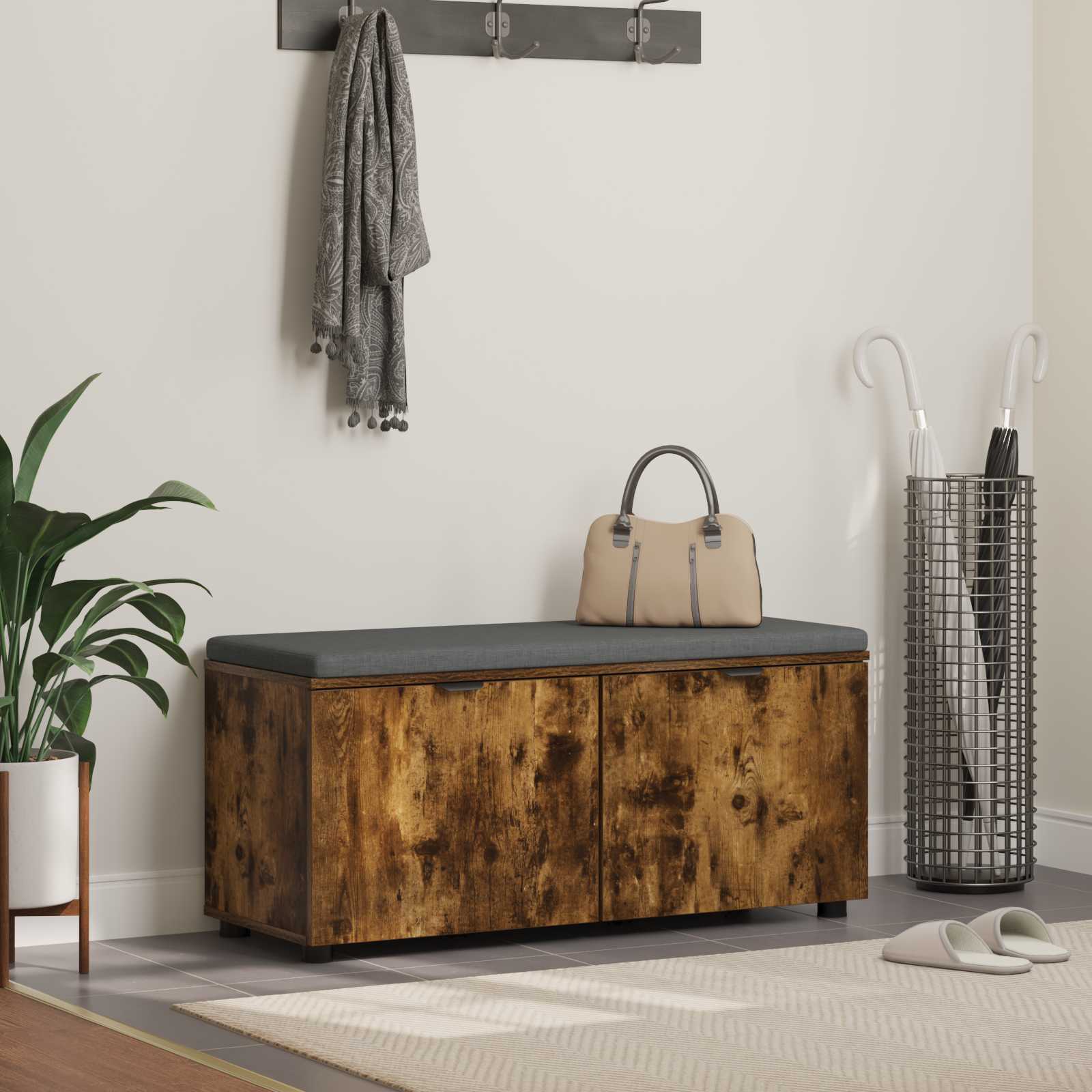 Halbank met kussen met opslag Gerookt eiken 100 x 38 x 46 cm