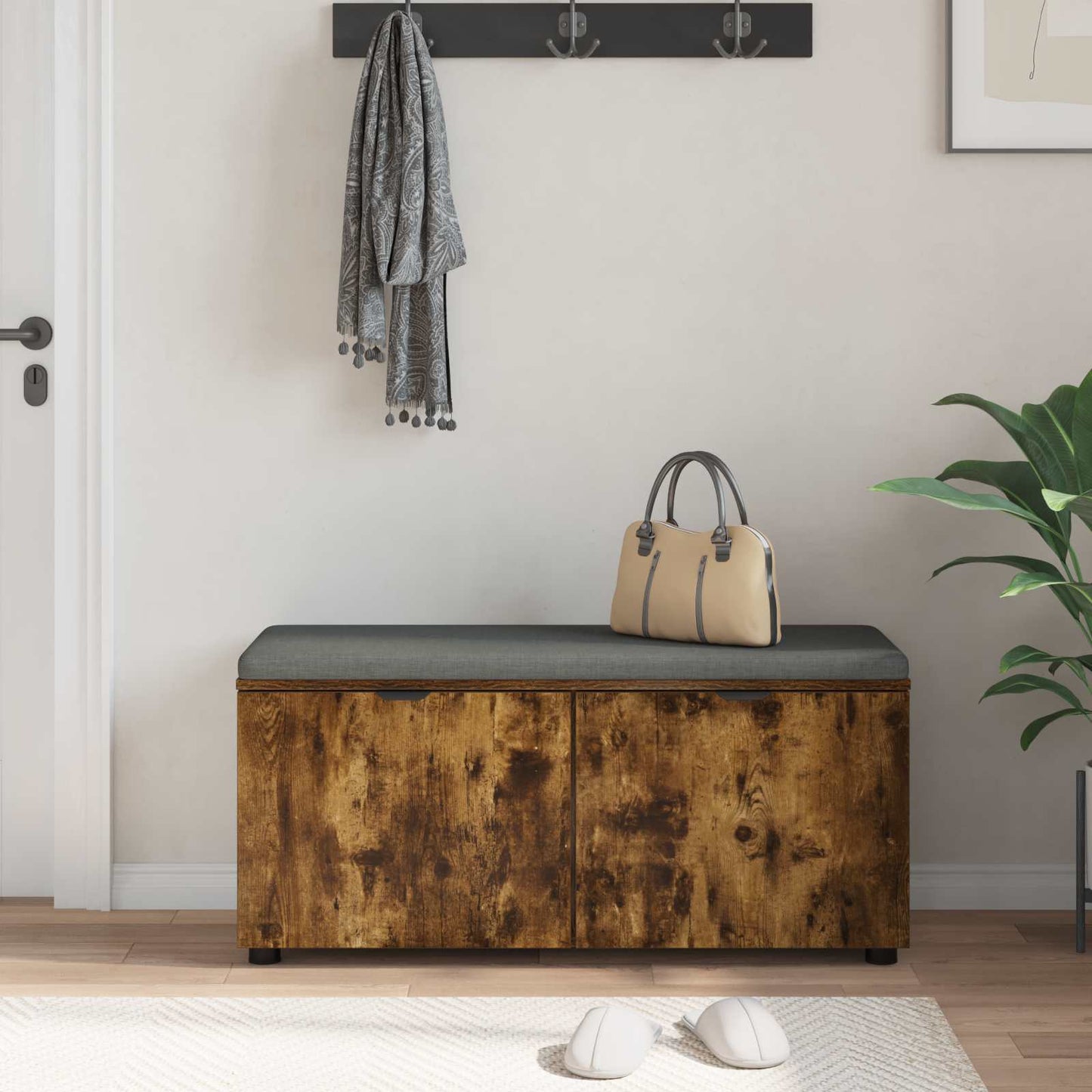 Halbank met kussen met opslag Gerookt eiken 100 x 38 x 46 cm