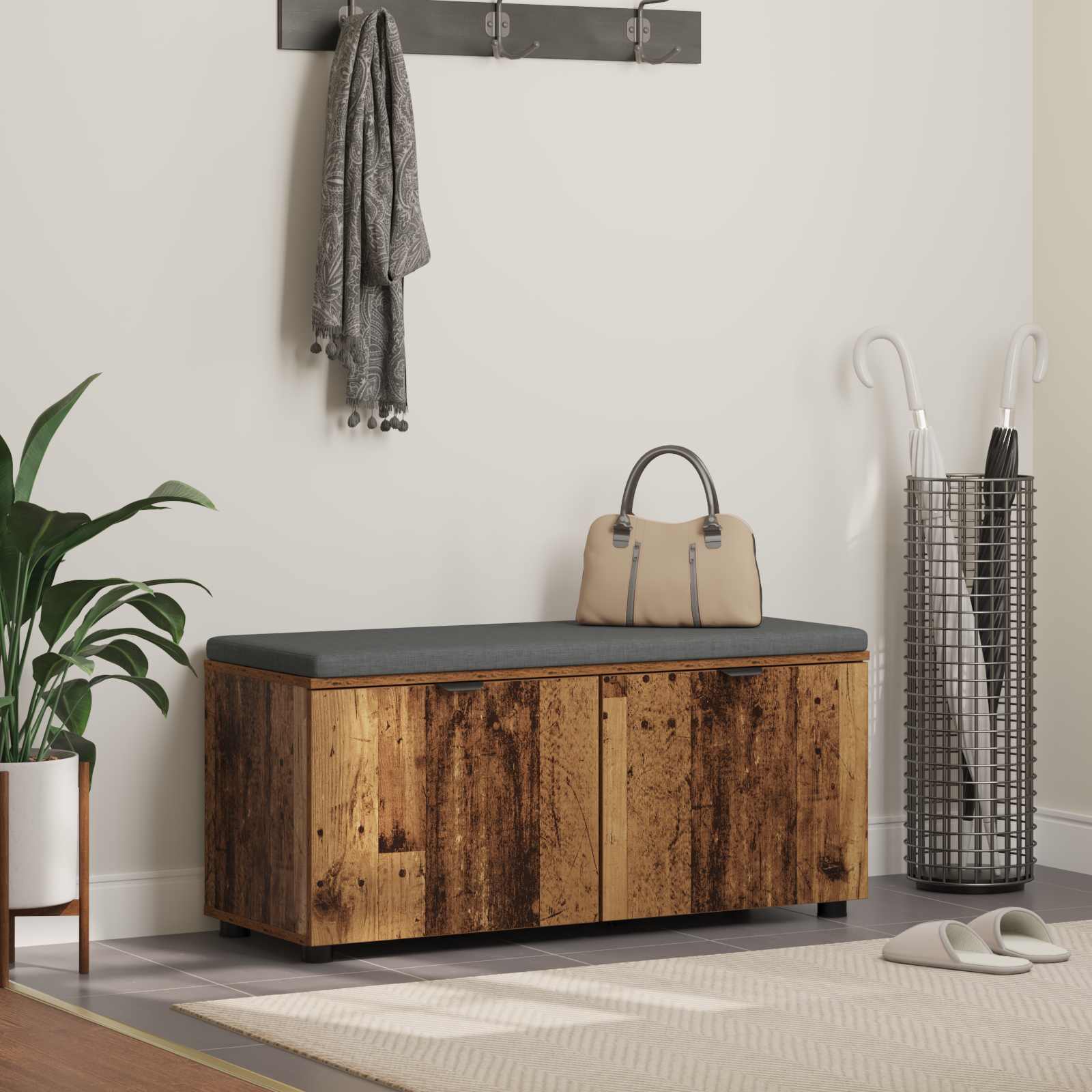 Halbank met kussen met opslag Oudhout 100 x 38 x 46 cm