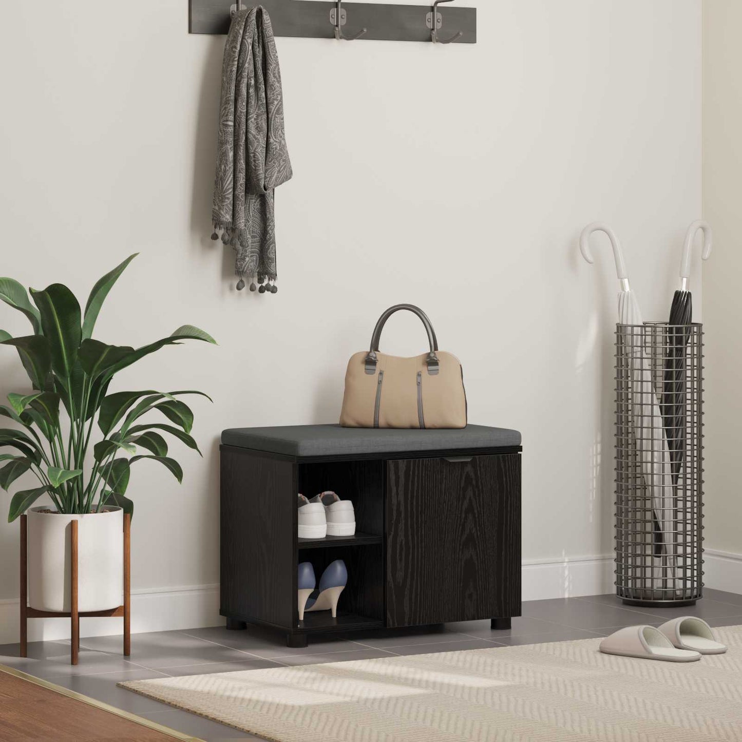 Halbank met kussen Effen Zwart Eiken 60 x 38 x 46 cm