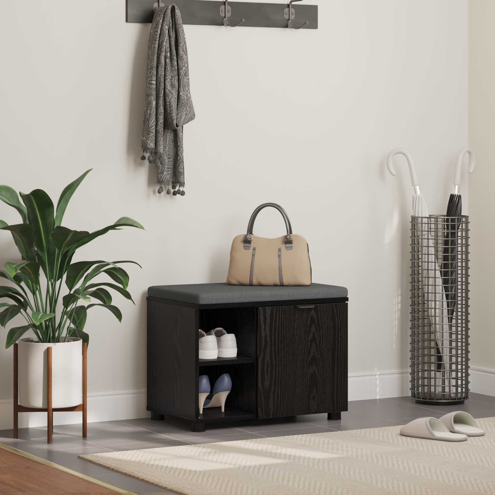 Halbank met kussen Effen Zwart Eiken 60 x 38 x 46 cm