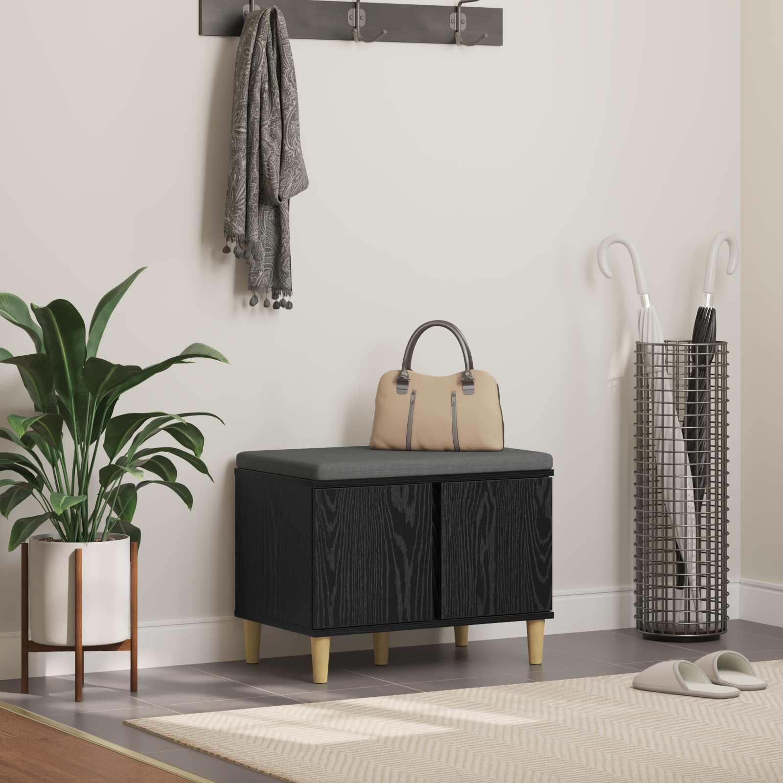 Halbank met kussen met opslag Zwart Eiken 60 x 38 x 46 cm