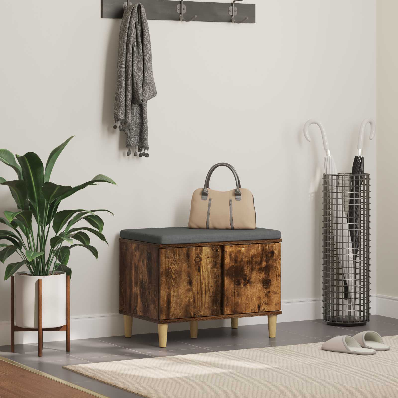 Halbank met kussen met opslag Gerookt eiken 60 x 38 x 46 cm