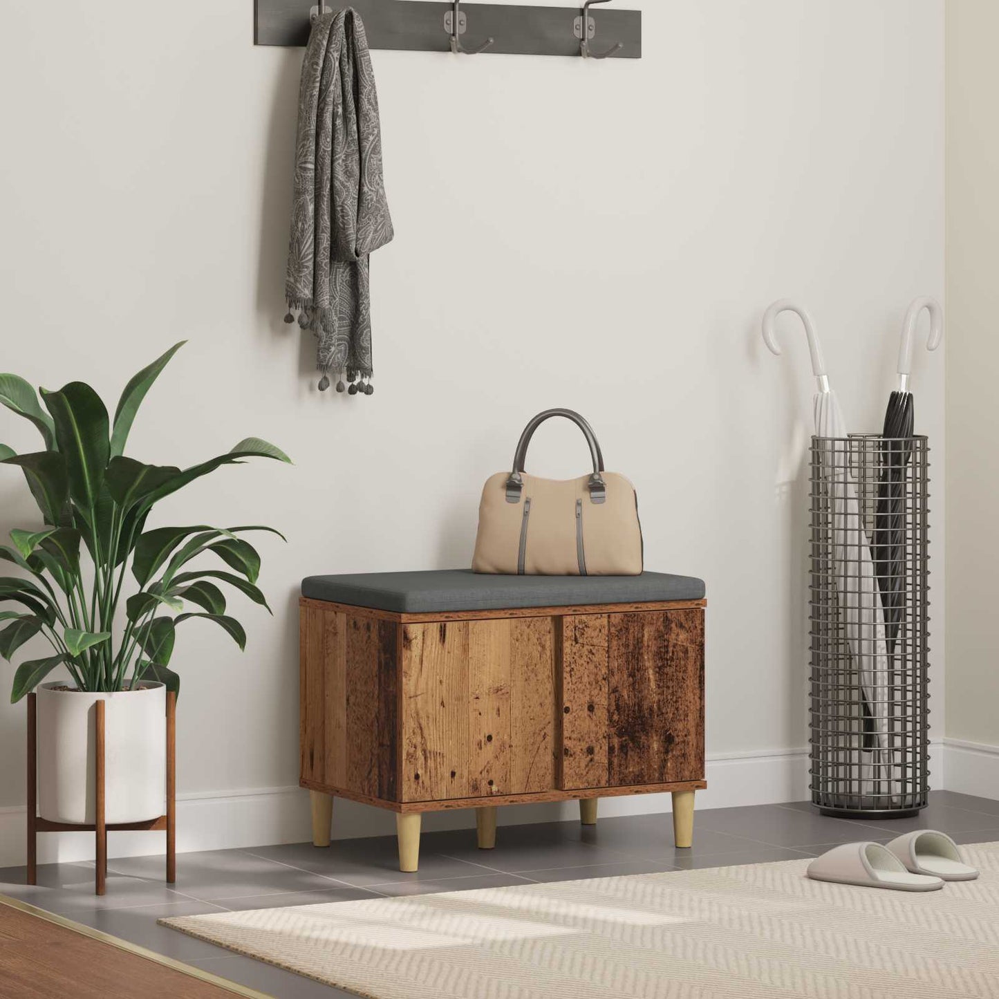 Halbank met kussen met opslag Oudhout 60 x 38 x 46 cm