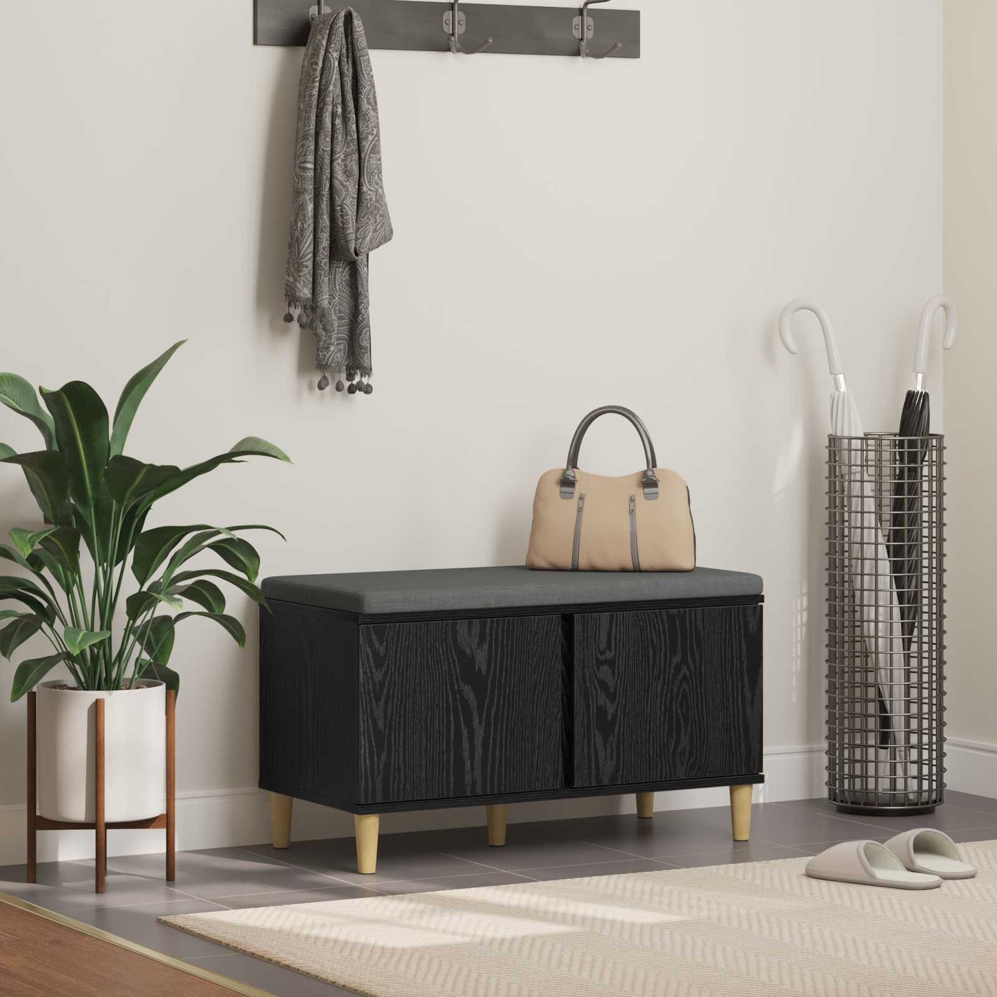 Halbank met kussen met opslag Zwart Eiken 60 x 38 x 46 cm