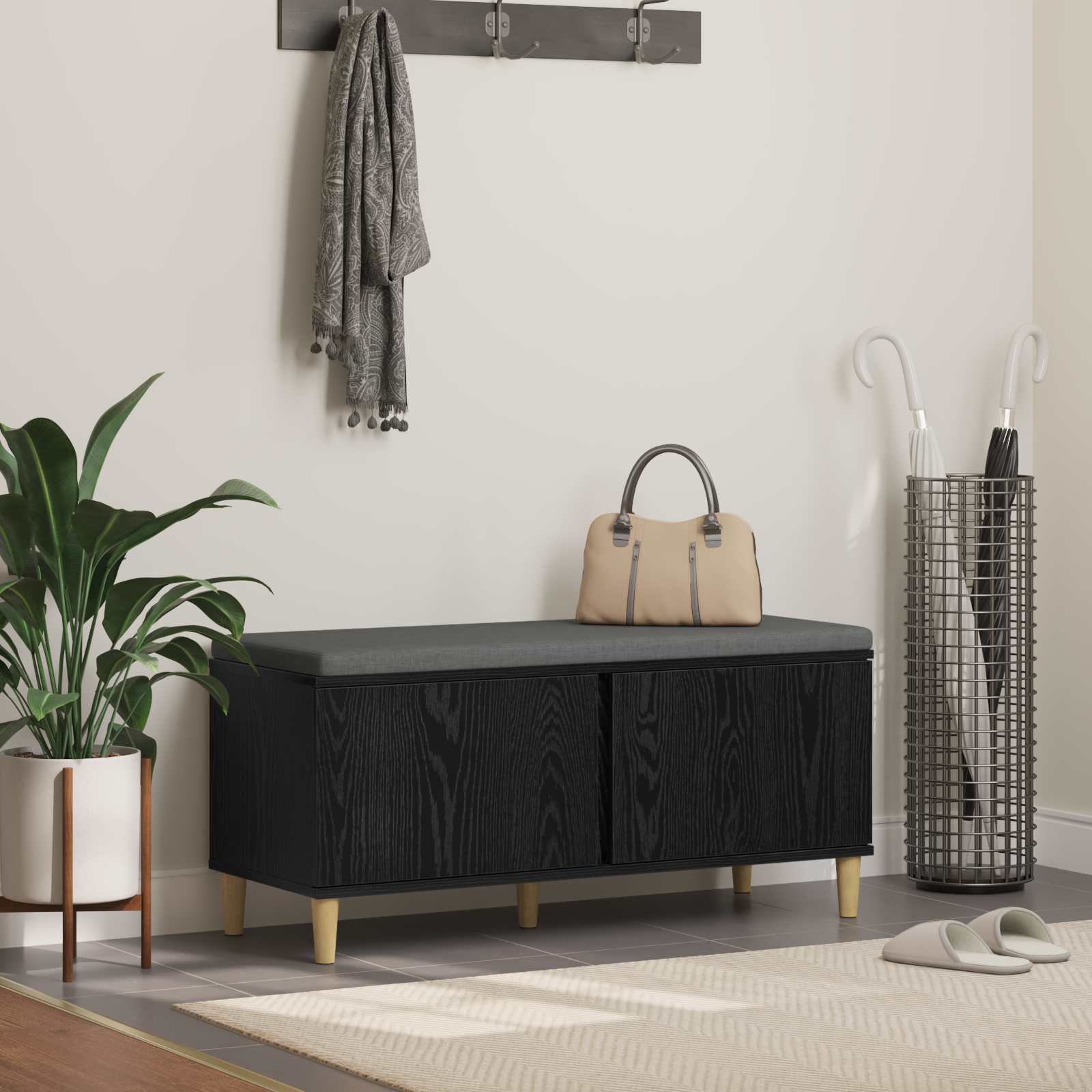 Halbank met kussen met opslag Zwart Eiken 60 x 38 x 46 cm