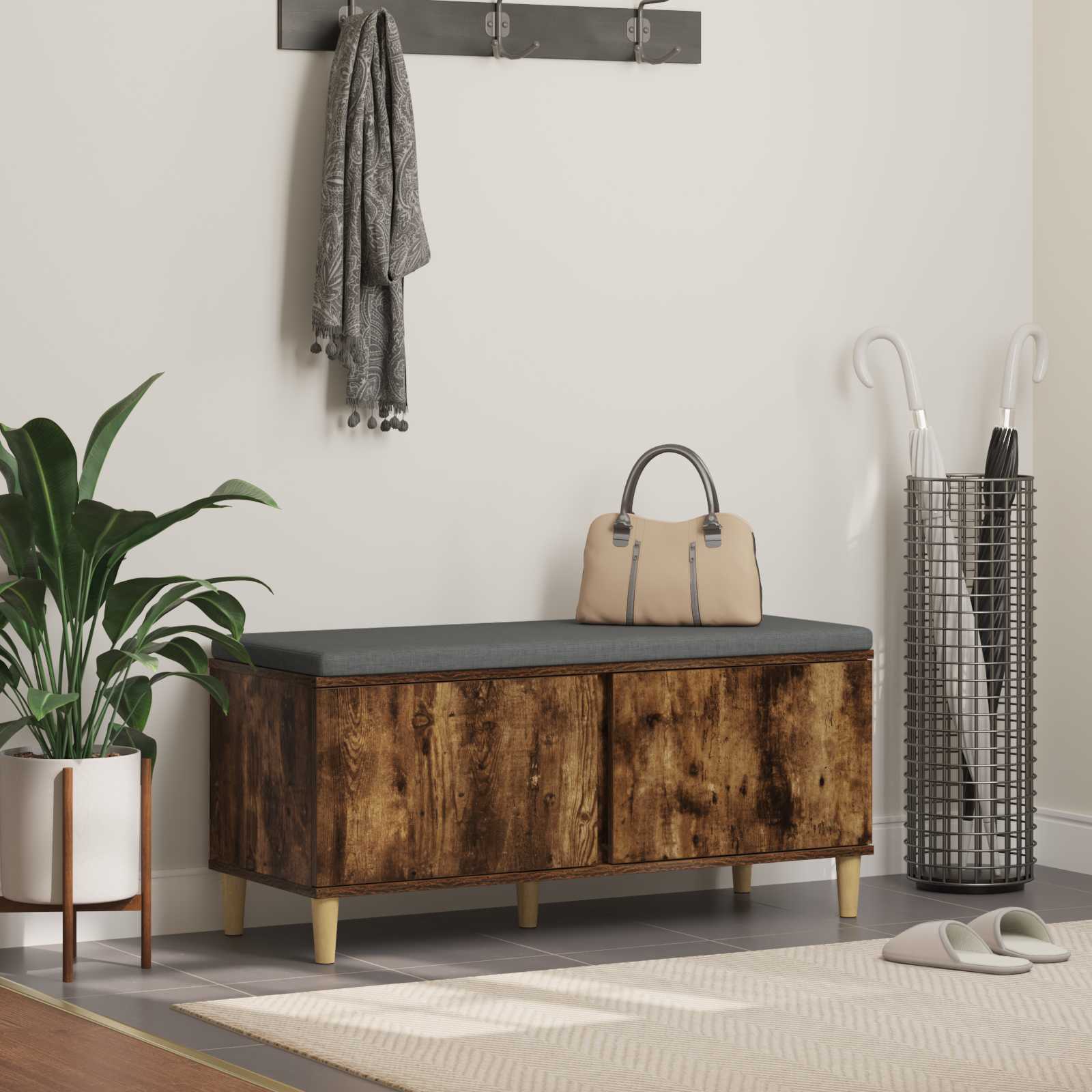Halbank met kussen met opslag Gerookt eiken 60 x 38 x 46 cm